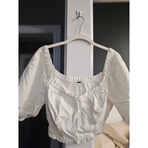 Free People White Puff Sleeve Smocked Bardot Crop Top Boho Festival